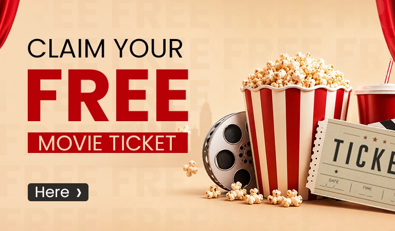 free movie ticket - Mann Travel Banner reading 'CLAIM YOUR FREE MOVIE TICKET' with a popcorn bucket, film reel and ticket on a beige background.