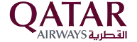 Qatar Airways logo showing the brand name in purple with a turquoise accent.