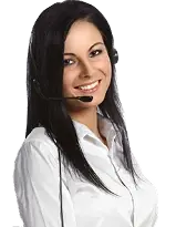 Smiling woman customer service representative wearing a headset and white shirt, ready to assist.