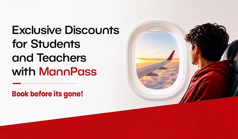 Advertisement promoting MannPass discounts for students and teachers; a person in a red hoodie looks out an airplane window with a wing visible.