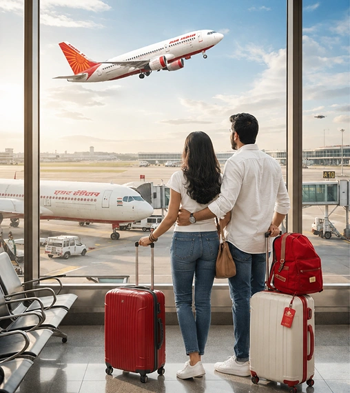 your-flight-1webp - Mann Travel Couple at a windowed airport terminal watching a plane take off, with their luggage nearby and a red backpack on a white suitcase beside them.