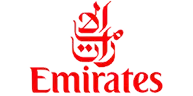 Emirates logo with a red emblem above the word 'Emirates' representing the airline brand.