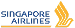 Singapore Airlines logo: blue wordmark with a yellow stylized bird/tail symbol to the right.