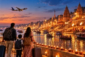 Family with backpacks and rolling suitcases standing by a lit riverfront at dusk, watching boats on the Ganges in Varanasi.
