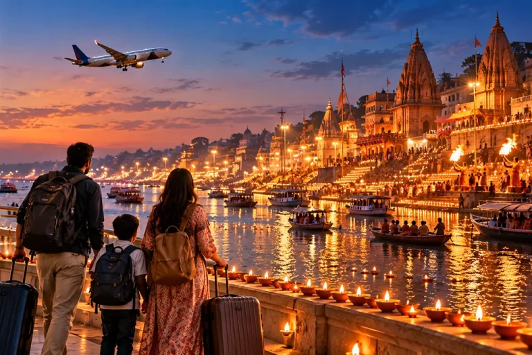 Family with backpacks and rolling suitcases standing by a lit riverfront at dusk, watching boats on the Ganges in Varanasi.
