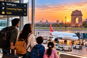 Family with luggage watches a white airplane at sunset from a terminal window, signs point to Wellington, Connecting Flights, and Delhi.
