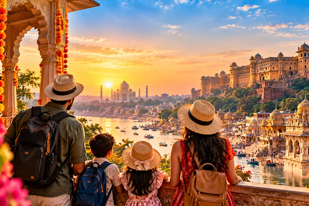 Family of four with backpacks and sun hats overlooks a sunset over a lakeside palace and boats on the water.