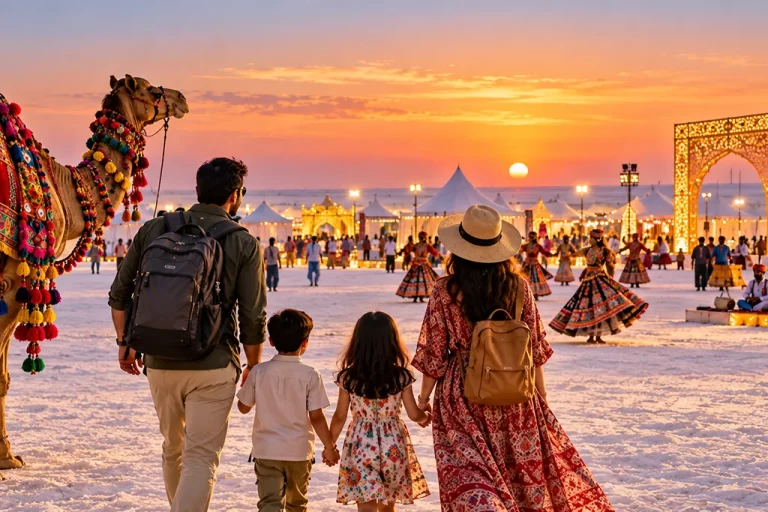 Family with two adults and two kids walk hand in hand toward a sunset festival, a decorated camel beside them.