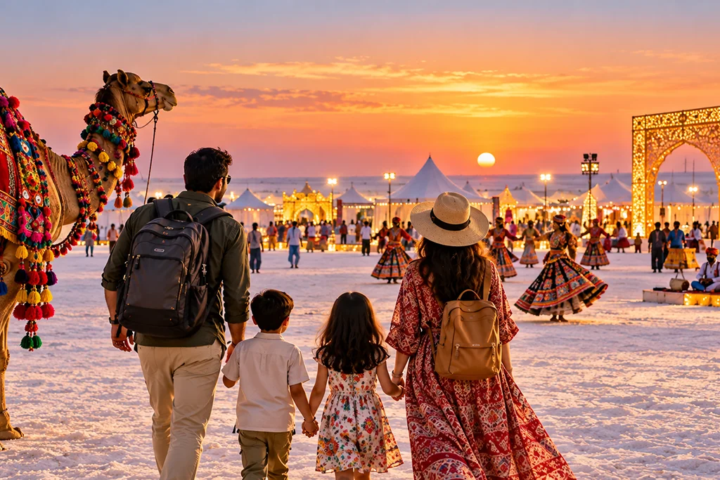 Family with two adults and two kids walk hand in hand toward a sunset festival, a decorated camel beside them.