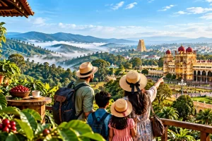 Family of four wearing hats overlooking a city and palace from a garden terrace, with mountains in the distance and a table of cherries and coffee nearby.