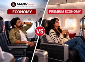 Split-screen flight cabin: left shows economy with a man relaxing; right shows premium economy with a woman enjoying the view; a red VS badge sits in the center.