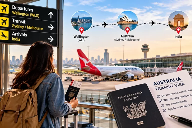 Traveler at airport with backpack and passport; signs point to Wellington, Sydney/Melbourne, and India, with a plane on the tarmac.